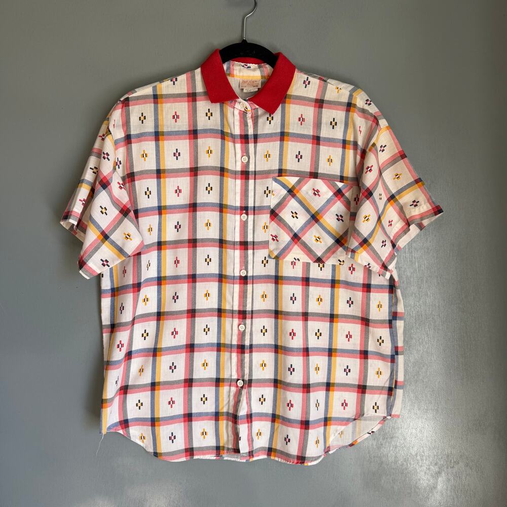 Vintage THE FOX COLLECTION Women's Large Retro Cottagecore Polo Top Red MCM